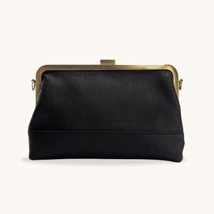 NWOT Laflore Paris Elegant Black Clutch with Gold Accents and Chain Strap